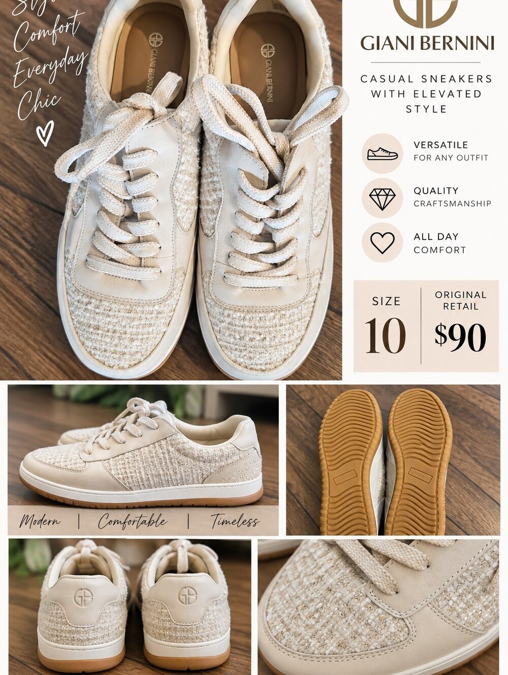 NWOB Giani Bernini Timhahhn Mixed Media Cream Tweed/Leather Sneakers Sz 10